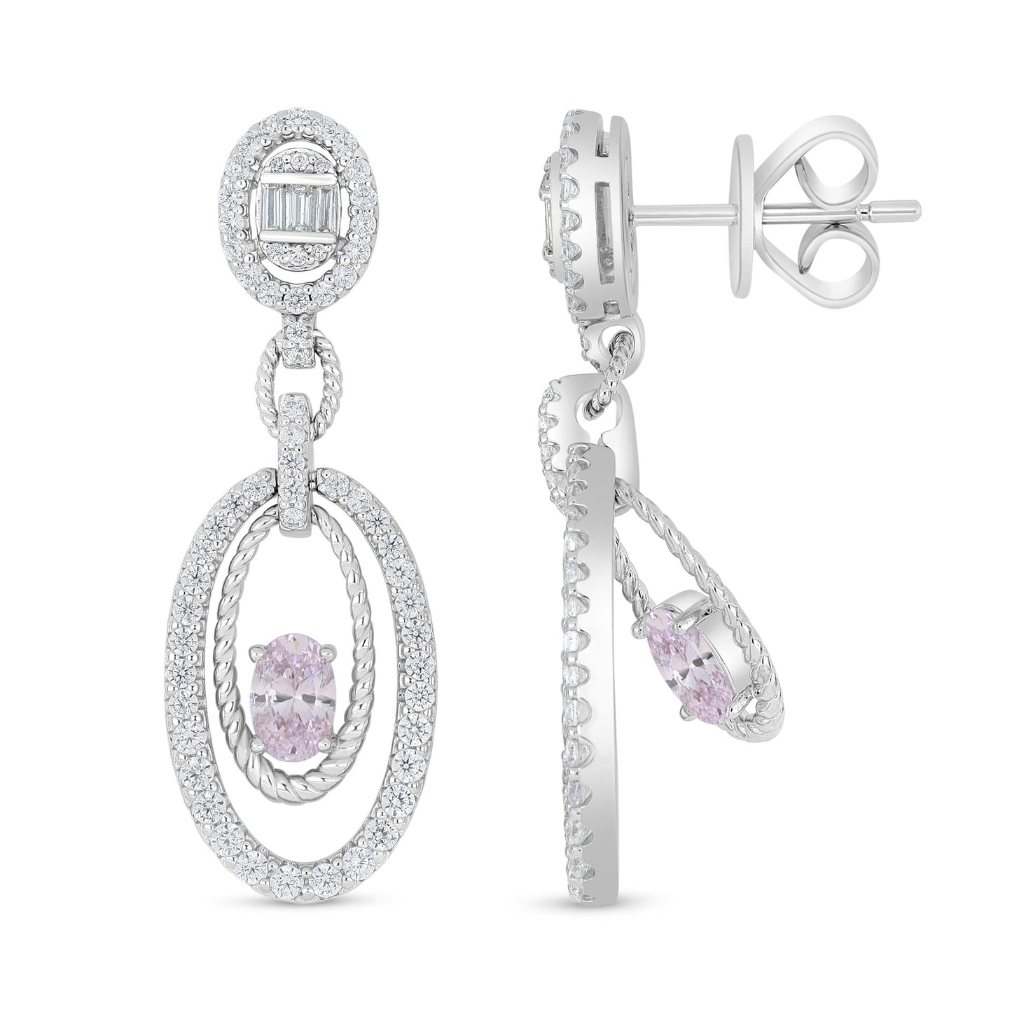Sterling Silver 925 Earring Rhodium Plated Embedded With Pink Zircon And White Zircon