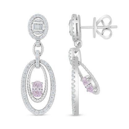 Sterling Silver 925 Earring Rhodium Plated Embedded With Pink Zircon And White Zircon