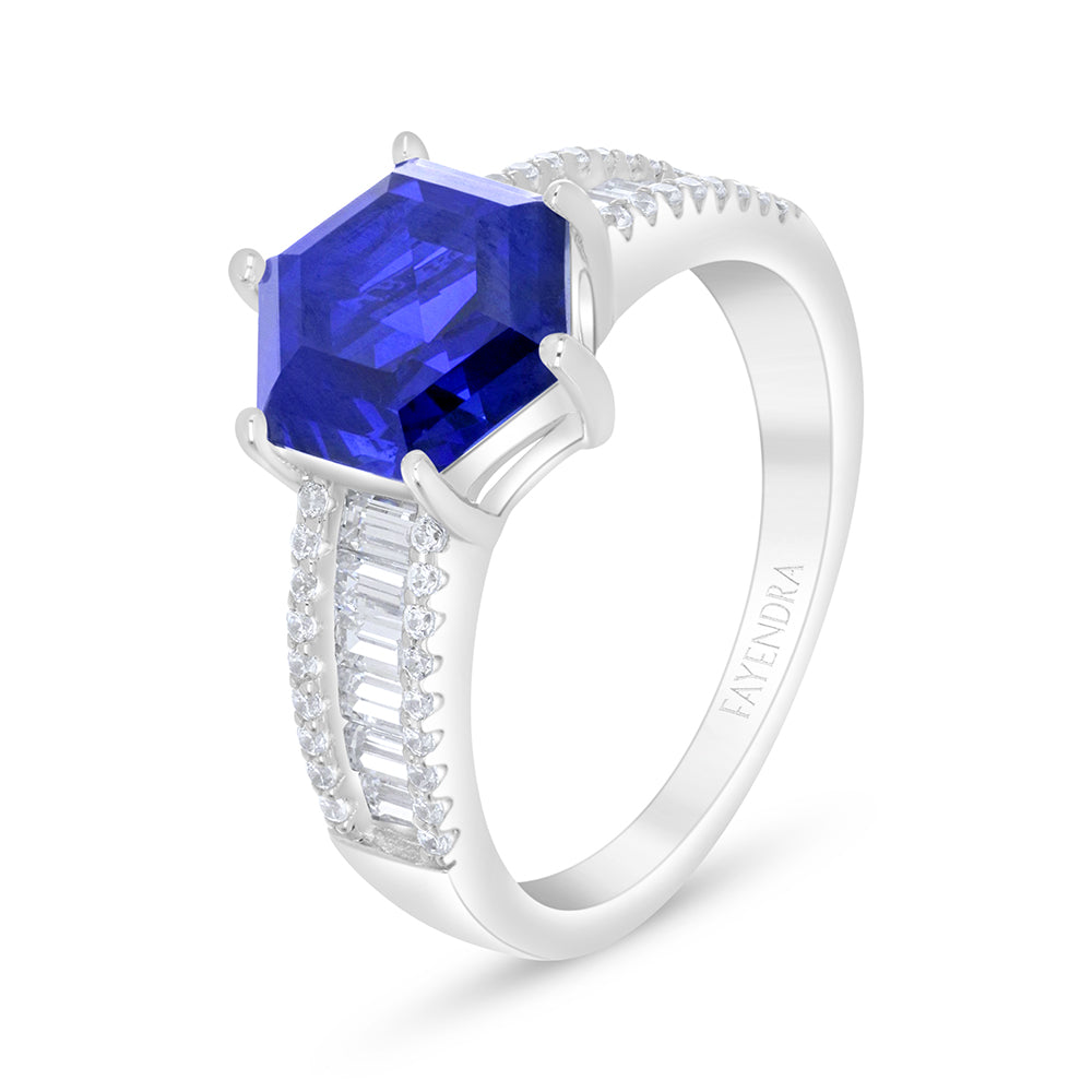 Sterling Silver 925 Ring Rhodium Plated Embedded With Sapphire Corundum And White Zircon