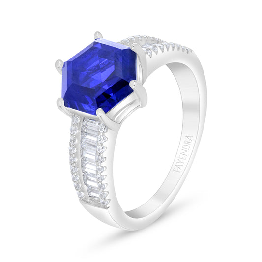 Sterling Silver 925 Ring Rhodium Plated Embedded With Sapphire Corundum And White Zircon