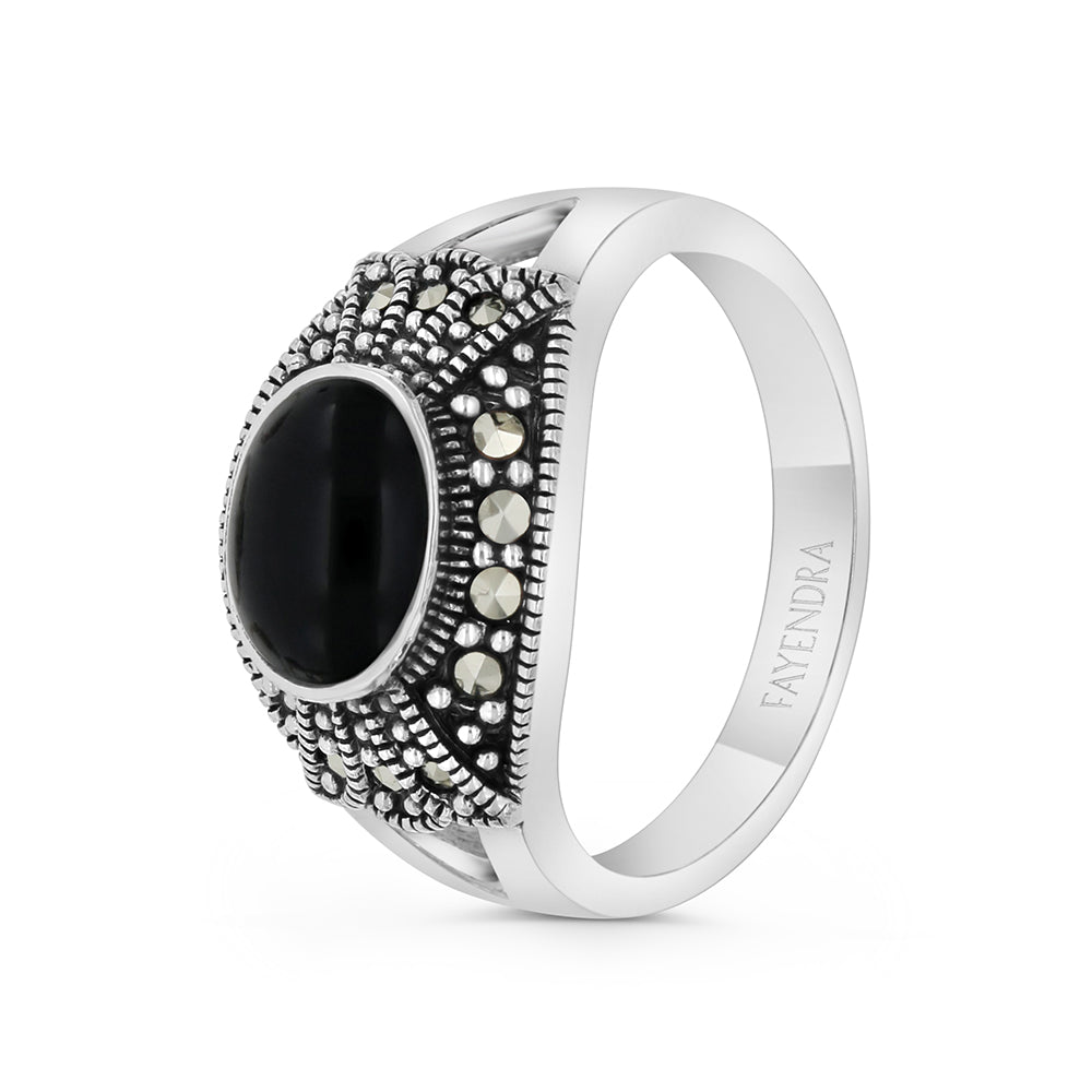 Sterling Silver 925 Ring Embedded With Natural Black Agate And Marcasite Stones