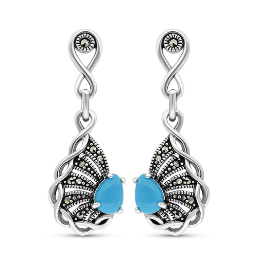Sterling Silver 925 Earring Embedded With Natural Processed Turquoise And Marcasite Stones