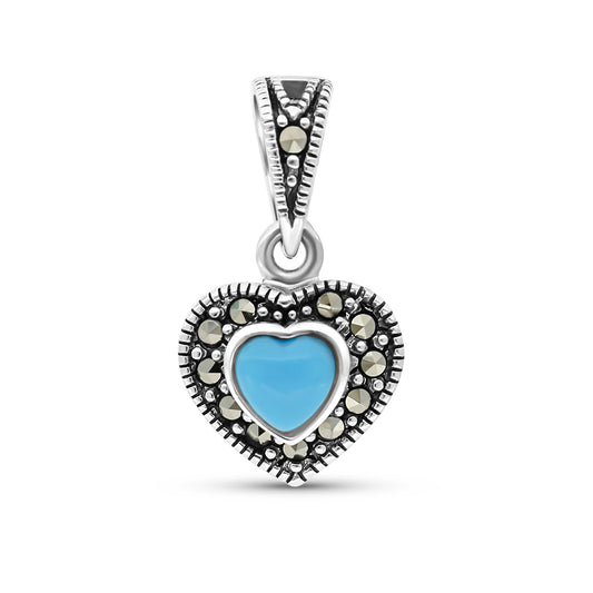 Sterling Silver 925 Pendant Embedded With Natural Processed Turquoise And Marcasite Stones