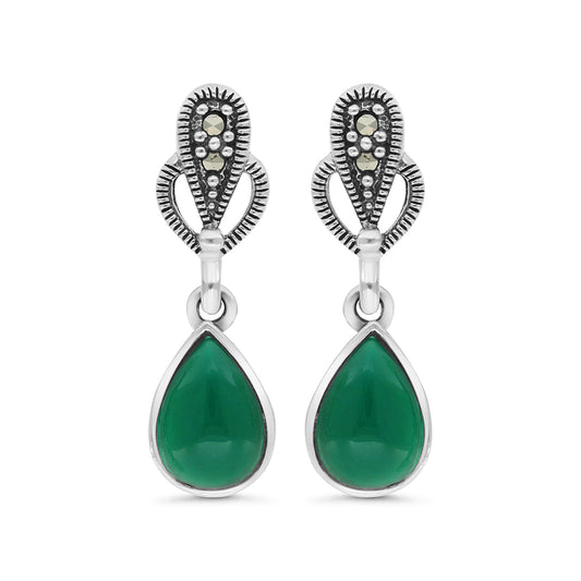 Sterling Silver 925 Earring Embedded With Natural Green Agate And Marcasite Stones