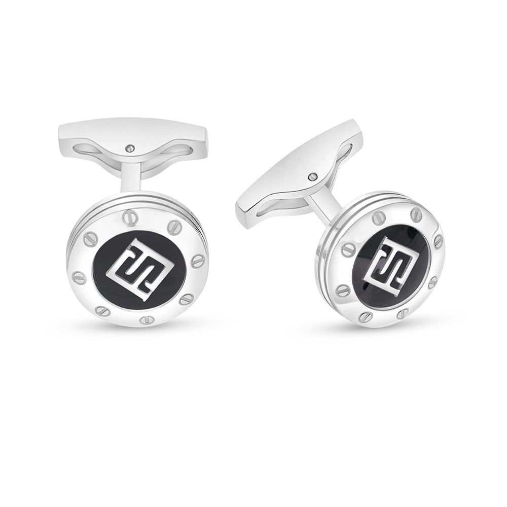 Stainless Steel Cufflink 316L Embedded With Black Agate Shiny Steel