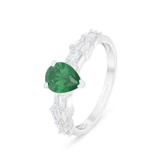 Sterling Silver 925 Ring Rhodium Plated Embedded With Emerald Zircon And White Zircon