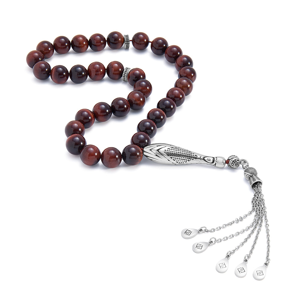 سبحة 33 احجار عين النمر احمر 10 مل طقم ستانلس ستيل عيار 316L مطلى فضي واسود