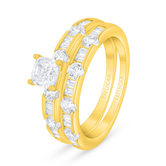 Sterling Silver 925 Ring (Twins) Golden Plated Embedded With White Zircon