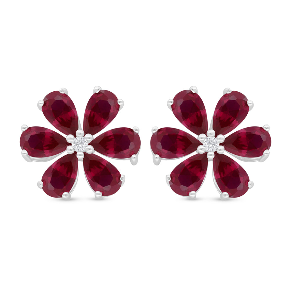 Sterling Silver 925 Earring Rhodium Plated Embedded With Ruby Corundum And White Zircon
