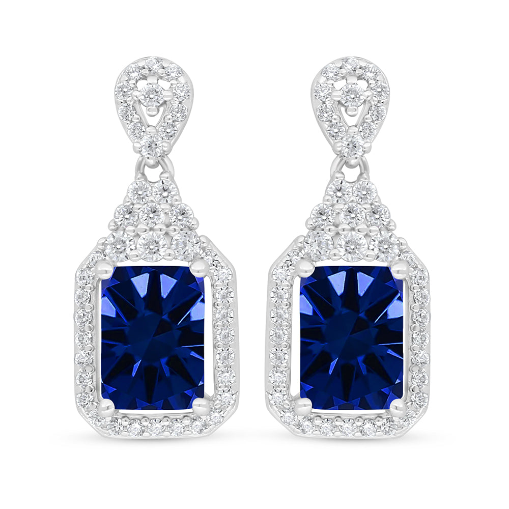 Sterling Silver 925 Earring Rhodium Plated Embedded With Sapphire Corundum And White Zircon