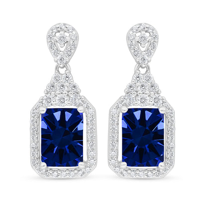 Sterling Silver 925 Earring Rhodium Plated Embedded With Sapphire Corundum And White Zircon