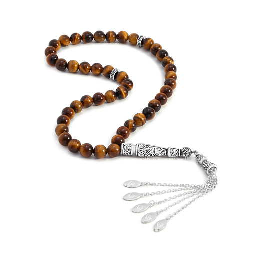 Yellow Tiger Eye Rosary 45 Round Bead 8 MM With Stainless Steel 316L Set (Silver & Black Plated)