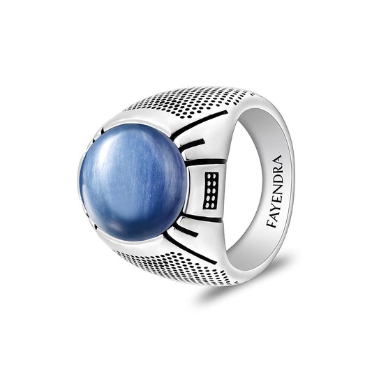 Sterling Silver 925 Ring Rhodium And Black Plated Embedded With Cabochon Natural Kyanite For Men