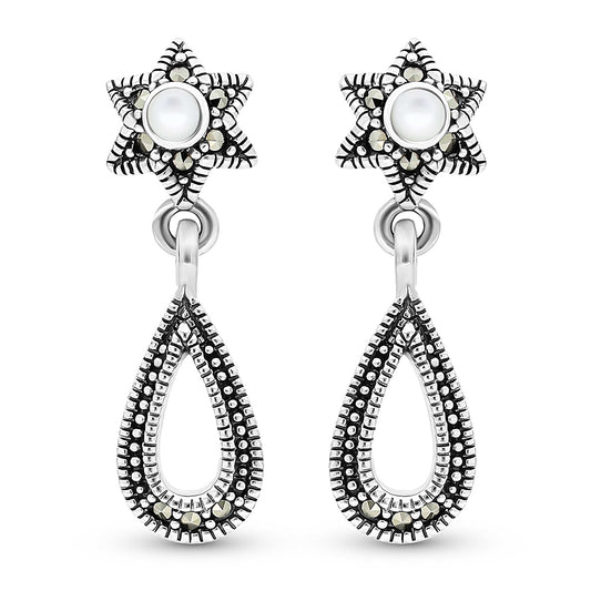 Sterling Silver 925 Earring Embedded With Natural White Shell And Marcasite Stones