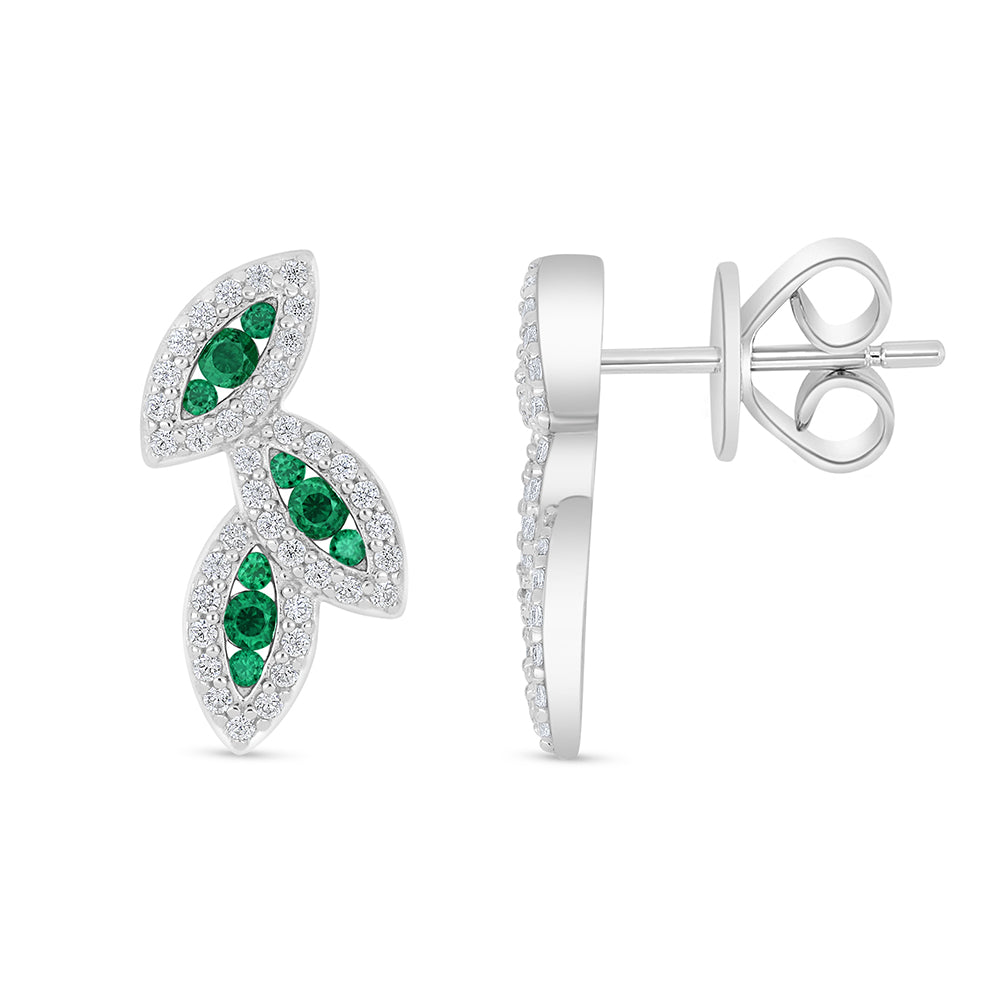 Sterling Silver 925 Earring Rhodium Plated Embedded With Emerald Zircon And White Zircon