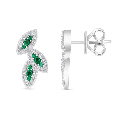 Sterling Silver 925 Earring Rhodium Plated Embedded With Emerald Zircon And White Zircon