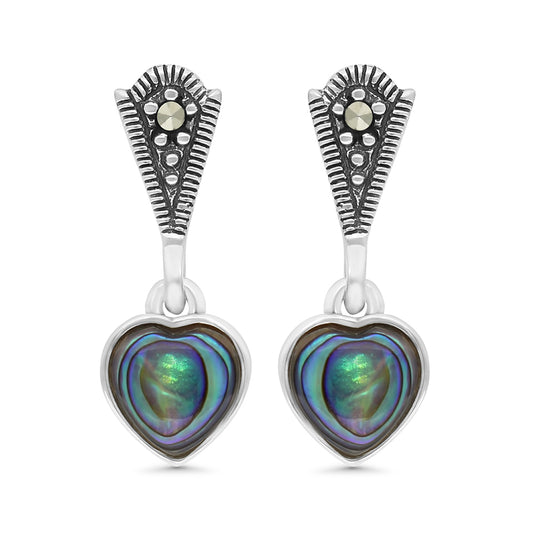 Sterling Silver 925 Earring Embedded With Natural Blue Shell And Marcasite Stones