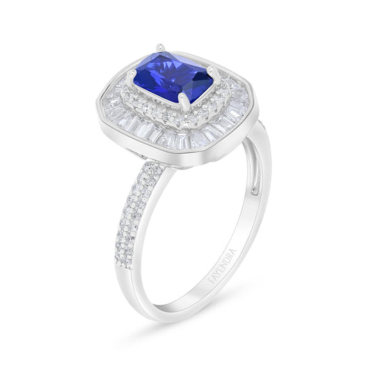 Sterling Silver 925 Ring Rhodium Plated Embedded With Sapphire Corundum And White Zircon