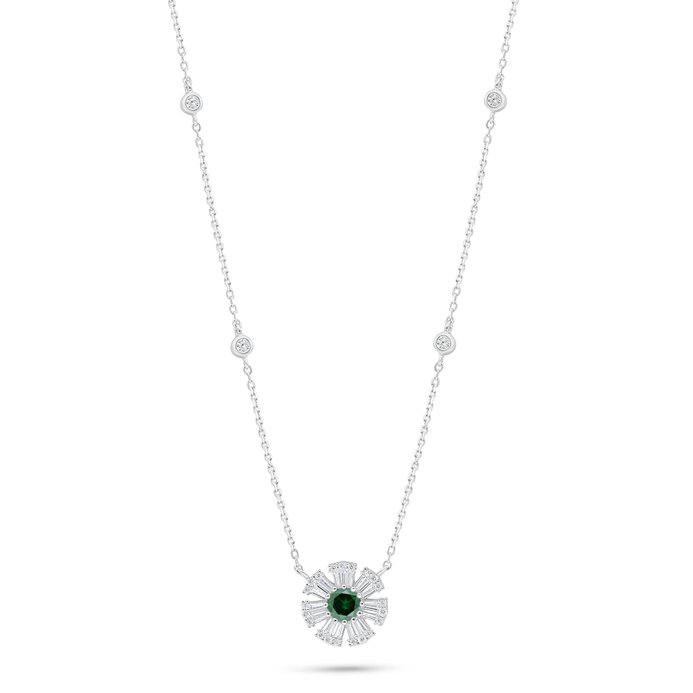 Sterling Silver 925 Necklace Rhodium Plated Embedded With Emerald Zircon And White Zircon