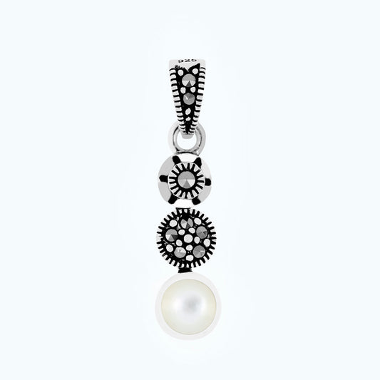Sterling Silver 925 Pendant Embedded With Natural White Shell And Marcasite Stones