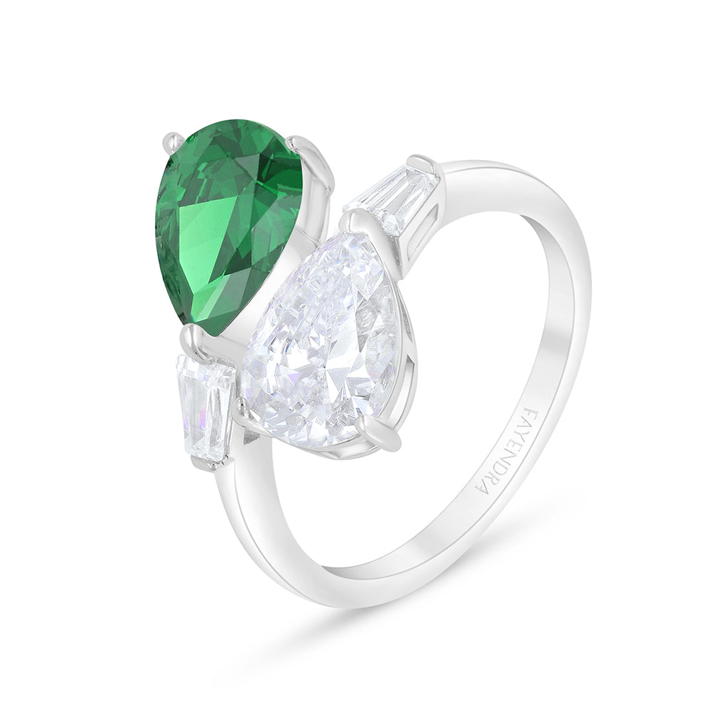 Sterling Silver 925 Ring Rhodium Plated Embedded With Emerald Zircon And White Zircon