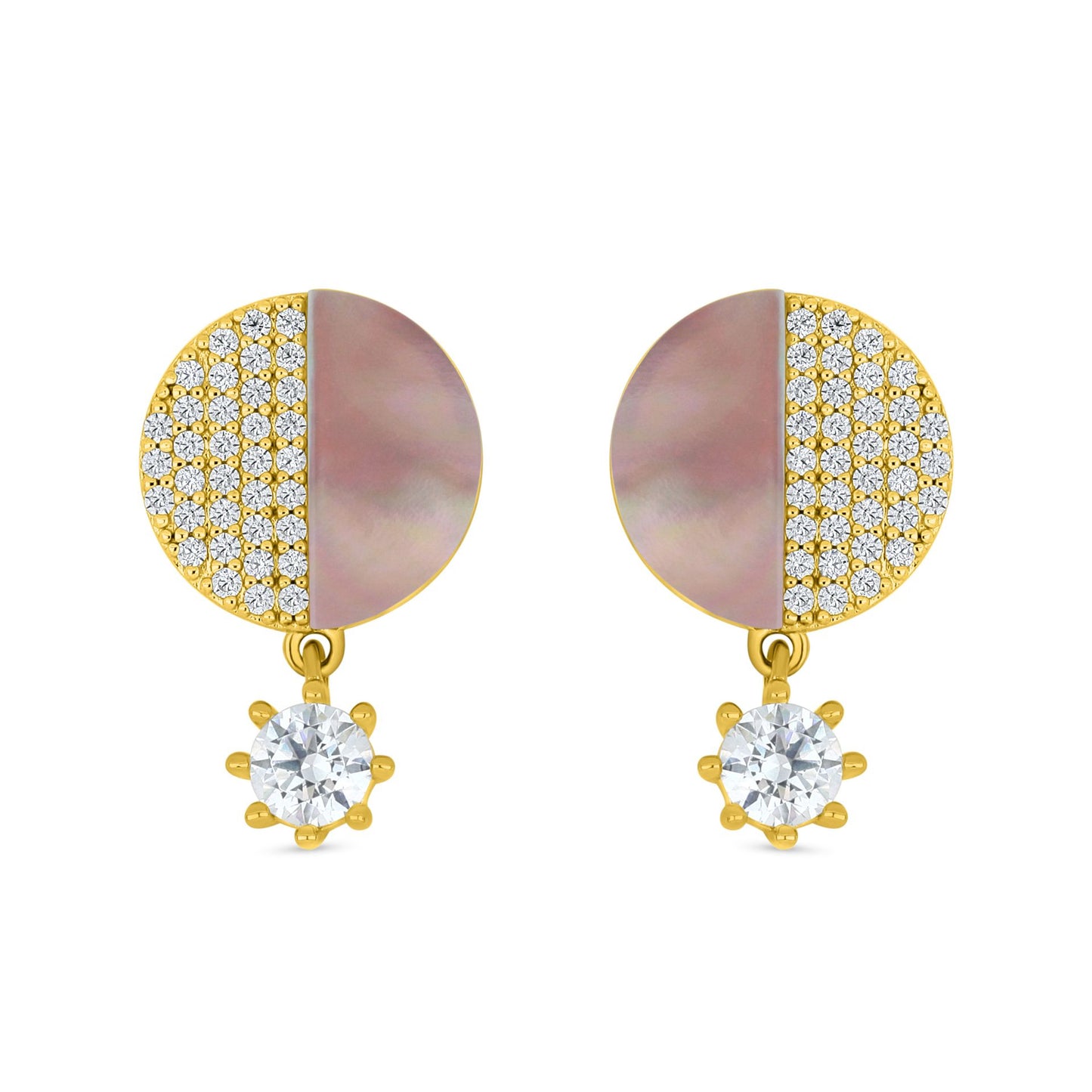 Sterling Silver 925 Earring Golden Plated Embedded With Pink Shell And White Zircon