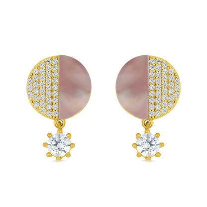 Sterling Silver 925 Earring Golden Plated Embedded With Pink Shell And White Zircon