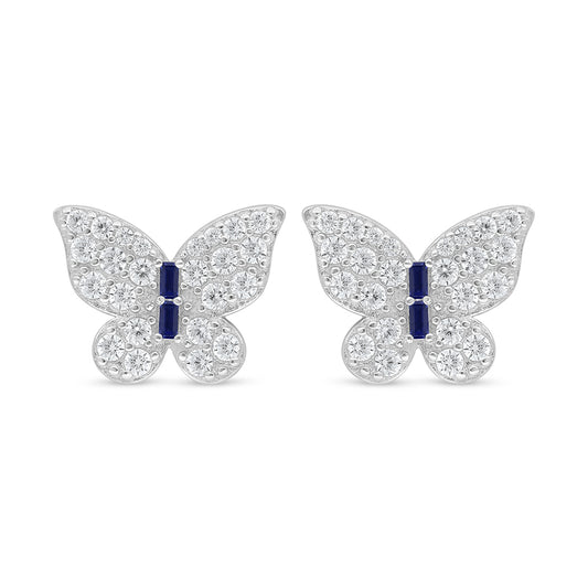 Sterling Silver 925 Earring Rhodium Plated Embedded With Sapphire Corundum And White Zircon