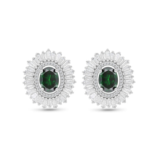 Sterling Silver 925 Earring Rhodium Plated Embedded With Emerald Zircon And White Zircon