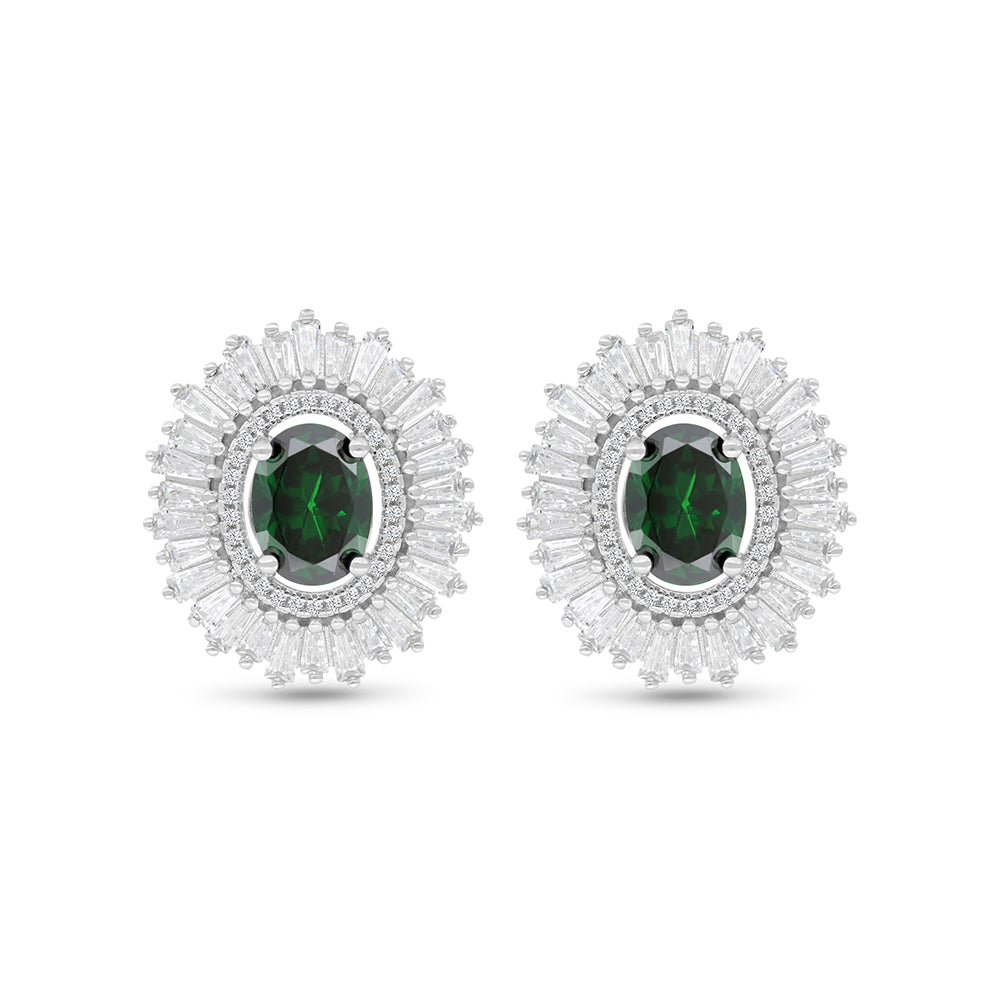 Sterling Silver 925 Earring Rhodium Plated Embedded With Emerald Zircon And White Zircon