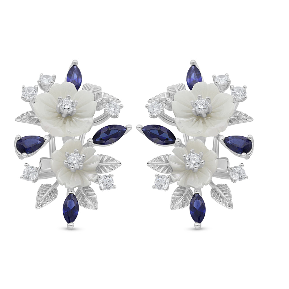 Sterling Silver 925 Earring Rhodium Plated Embedded With White Shell And Sapphire Corundum