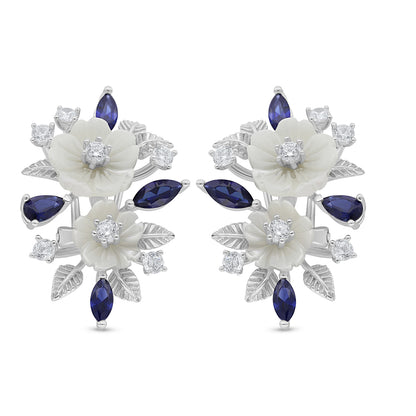 Sterling Silver 925 Earring Rhodium Plated Embedded With White Shell And Sapphire Corundum