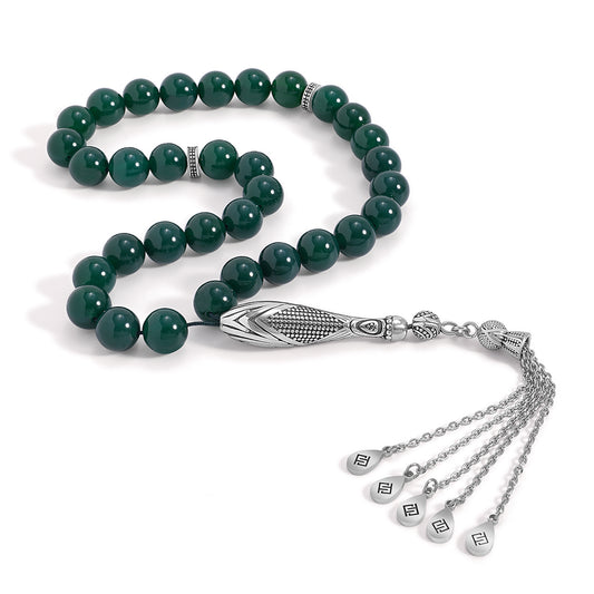 سبحة 33 عقيق جاد اخضر بيلية كابشون 10 مل طقم ستانلس ستيل عيار 316L مطلى فضي واسود