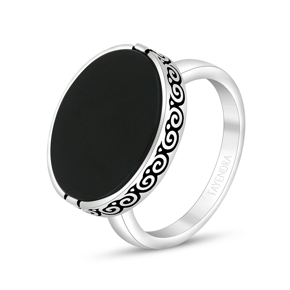 Sterling Silver 925 Ring Rhodium And Black Plated Embedded With Black Agate For Men