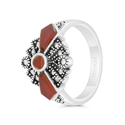 Sterling Silver 925 Ring Embedded With Natural Aqiq And Marcasite Stones