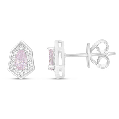 Sterling Silver 925 Earring Rhodium Plated Embedded With Pink Zircon And White Zircon