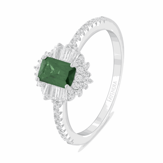 Sterling Silver 925 Ring Rhodium Plated Embedded With Emerald Zircon And White Zircon