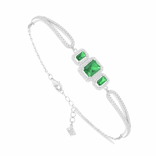 Sterling Silver 925 Bracelet Rhodium Plated Embedded With Emerald Zircon And White Zircon
