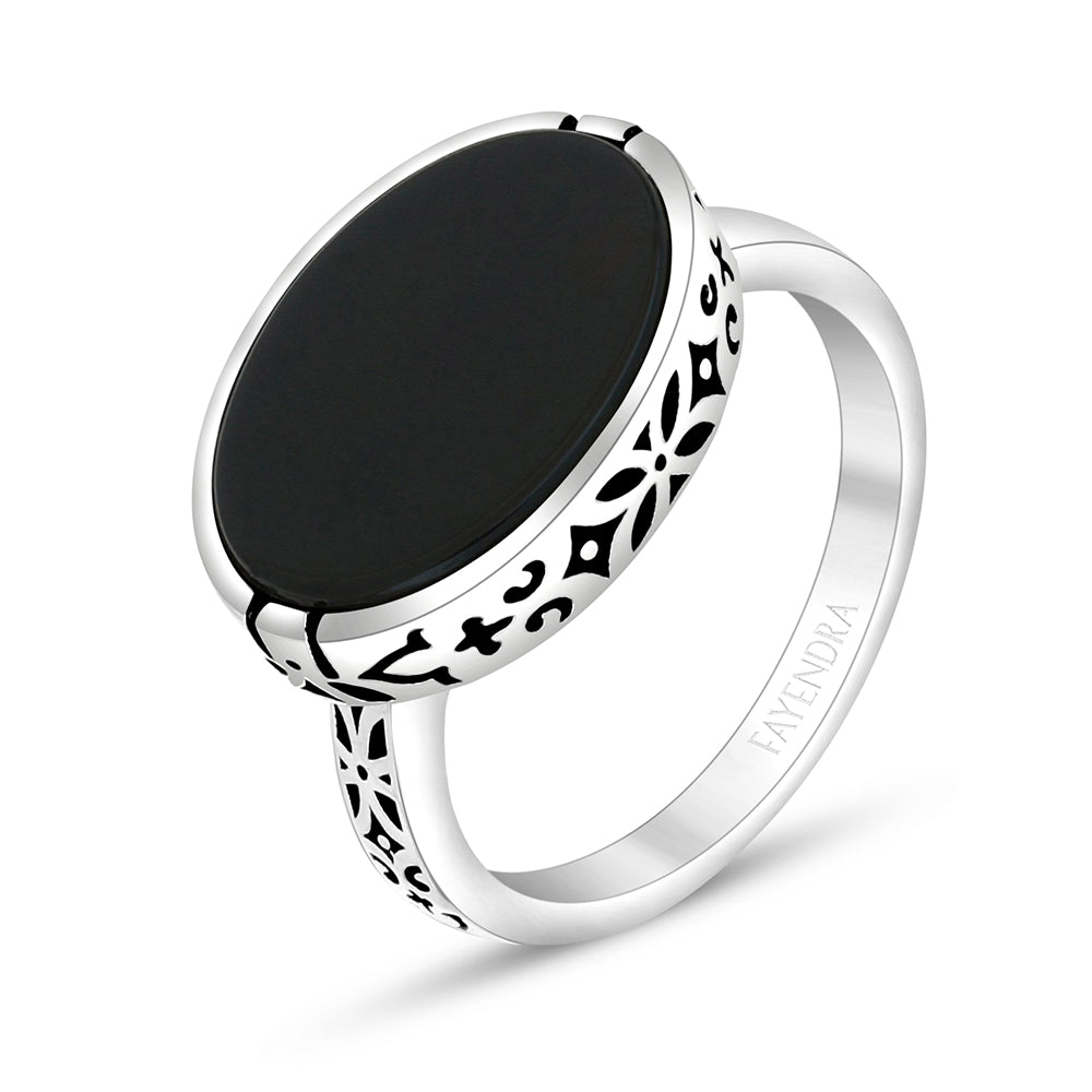 Sterling Silver 925 Ring Rhodium And Black Plated Embedded With Black Agate For Men