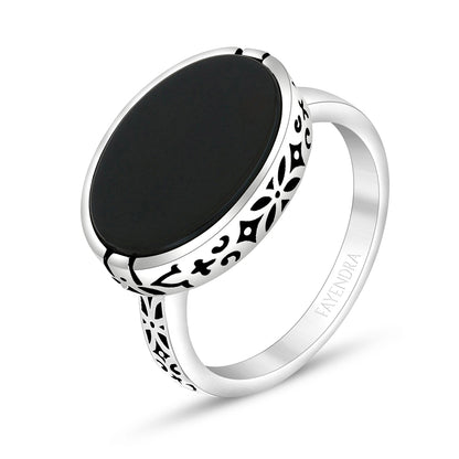 Sterling Silver 925 Ring Rhodium And Black Plated Embedded With Black Agate For Men