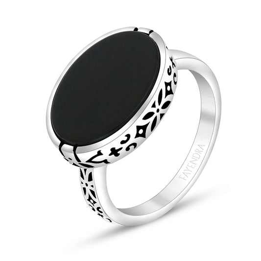 Sterling Silver 925 Ring Rhodium And Black Plated Embedded With Black Agate For Men