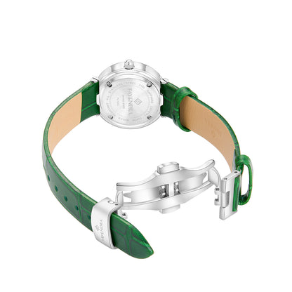 Stainless Steel 316L Watch Silver Color Green Leather And White Zircon - GREEN METAL DIAL