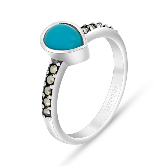 Sterling Silver 925 Ring Embedded With Natural Processed Turquoise And Marcasite Stones