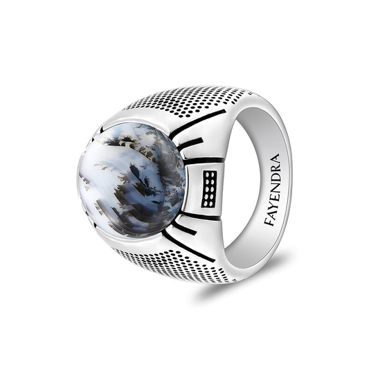 Sterling Silver 925 Ring Rhodium And Black Plated Embedded With Cabochon Natural Agate For Men