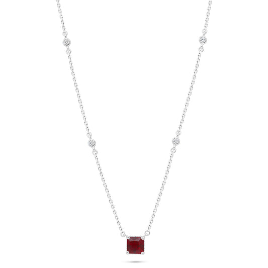 Sterling Silver 925 Necklace Rhodium Plated Embedded With Ruby Corundum And White Zircon