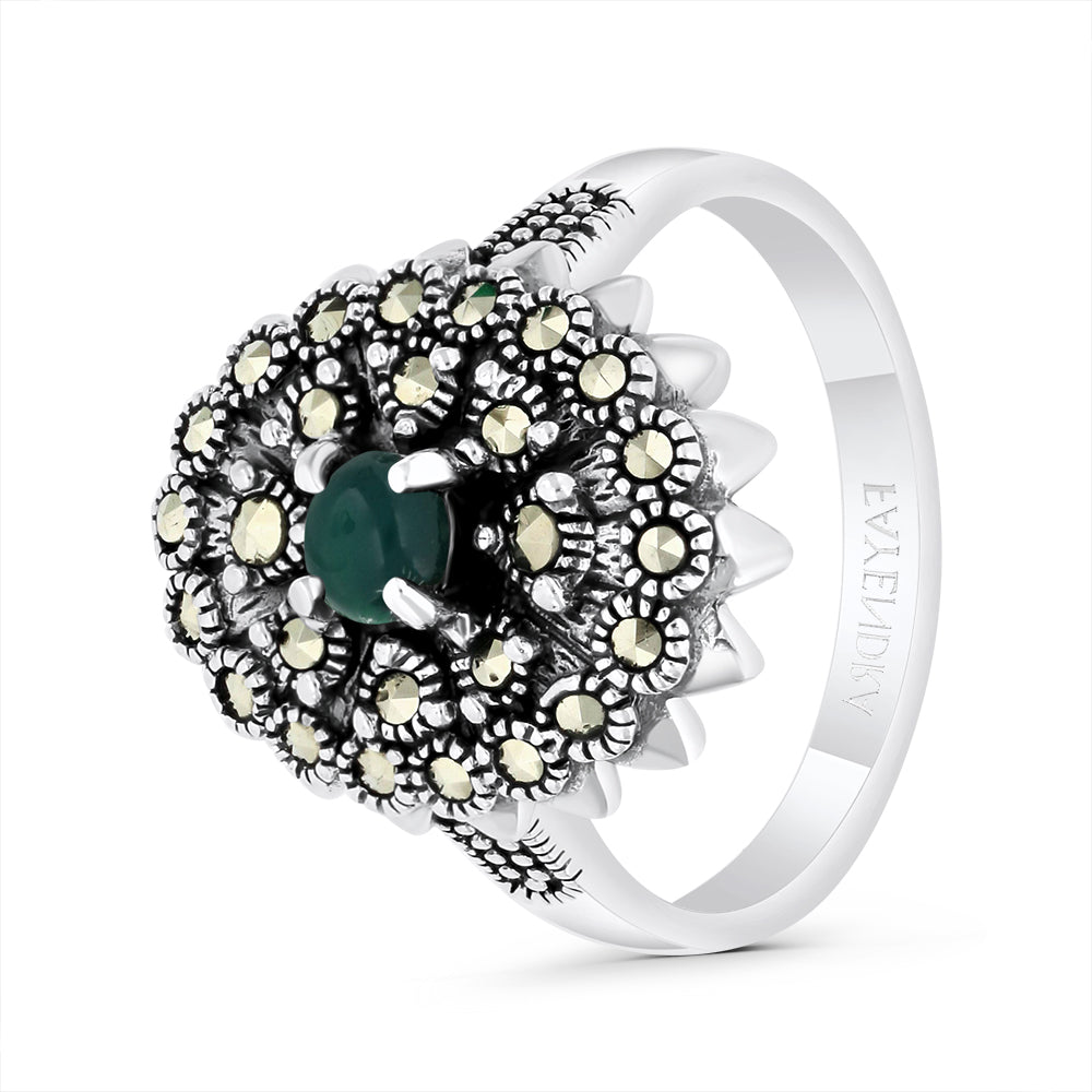 Sterling Silver 925 Ring Embedded With Natural Green Agate And Marcasite Stones