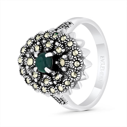 Sterling Silver 925 Ring Embedded With Natural Green Agate And Marcasite Stones