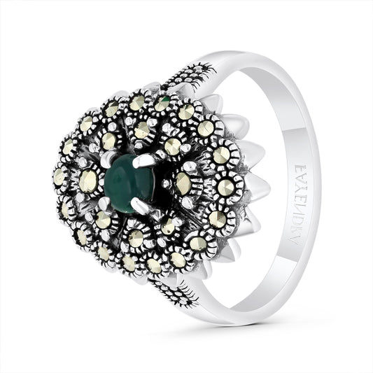 Sterling Silver 925 Ring Embedded With Natural Green Agate And Marcasite Stones
