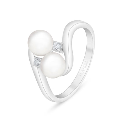 Sterling Silver 925 Ring Rhodium Plated Embedded With Natural White Pearl And White Zircon