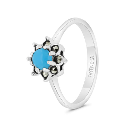 Sterling Silver 925 Ring Embedded With Natural Processed Turquoise And Marcasite Stones
